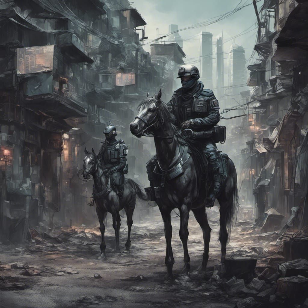 Futuristic Horse Cop Patrolling Dystopian Slums