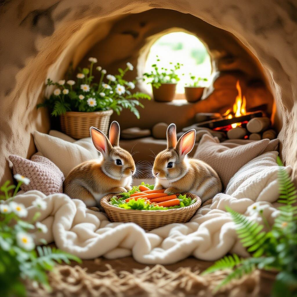 Adorable Rabbit Family in Cozy Burrow