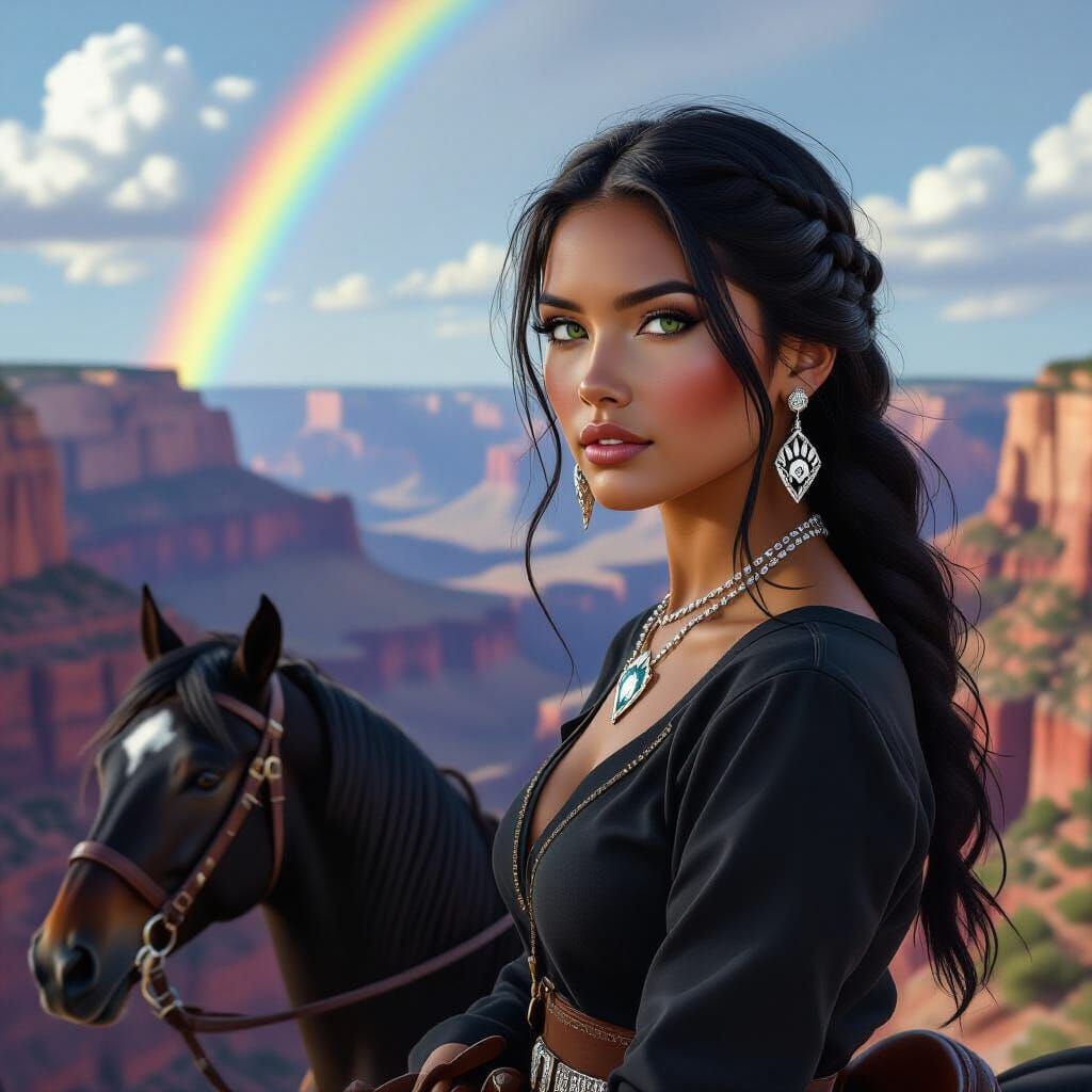Native American Woman on Horseback over Grand Canyon