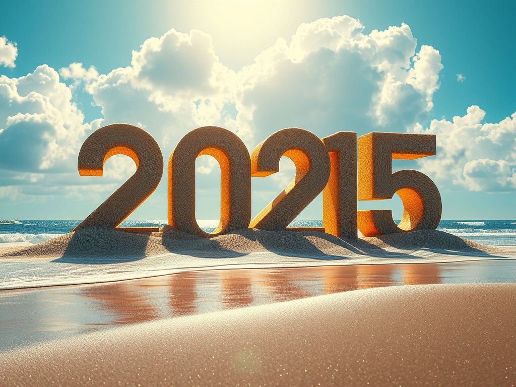 Futuristic Sand Sculpture: '2025' on a Beach