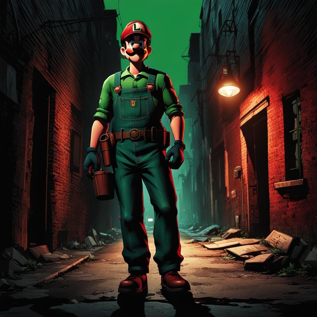Luigi as a Dark Comic Book Hero in a Noir Alleyway