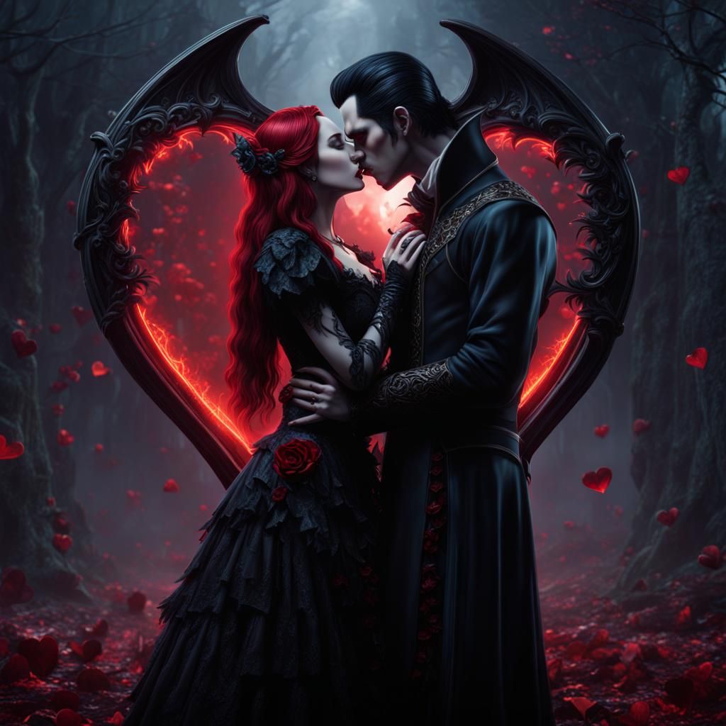 Gothic Couple's Vampire Heart Kiss: Detailed Matte Painting