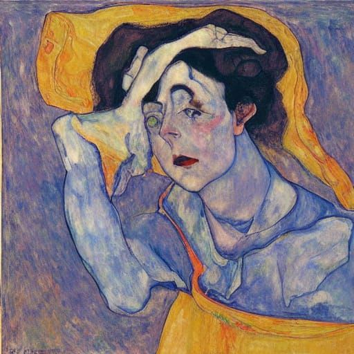 Art Nouveau Woman's Dreamlike Laughter in Chiaroscuro Lighti...