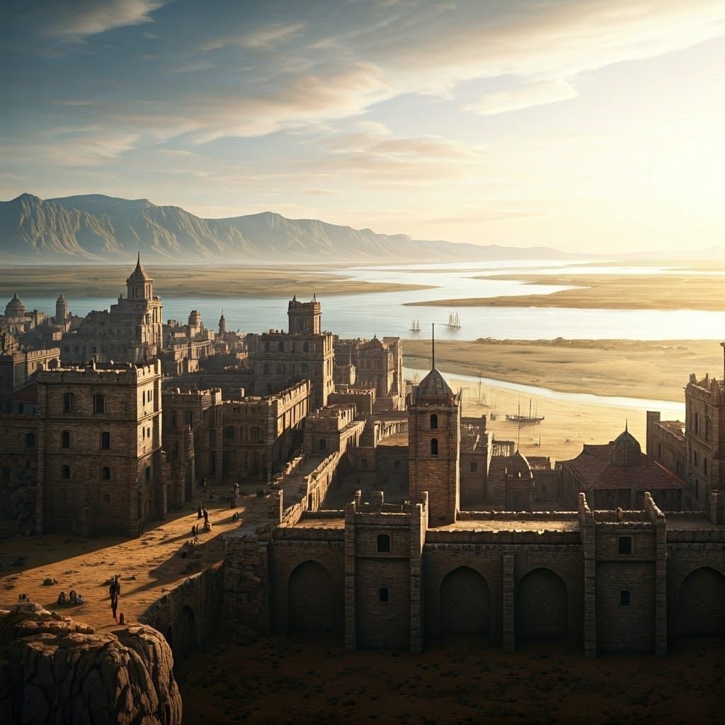 Medieval River Delta Port in Desert Landscape