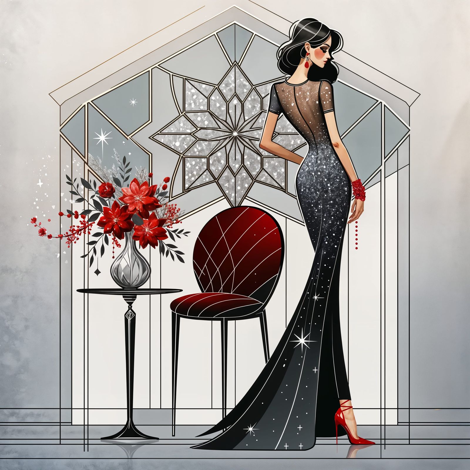 Geometric Glamour in Silver and Red