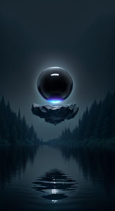 Mystical Obsidian Orb Above Black Mirror Lake
