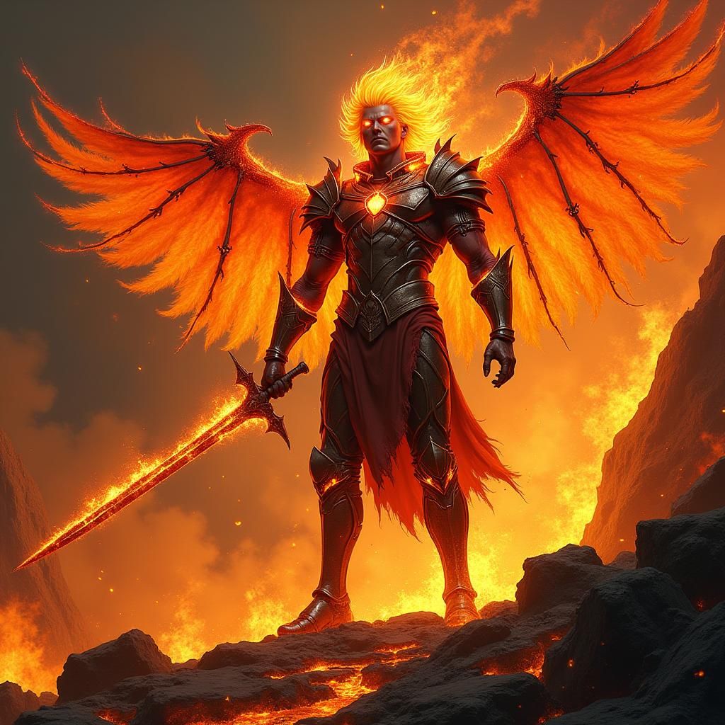 Fiery Warrior Ignis in Volcanic Landscape