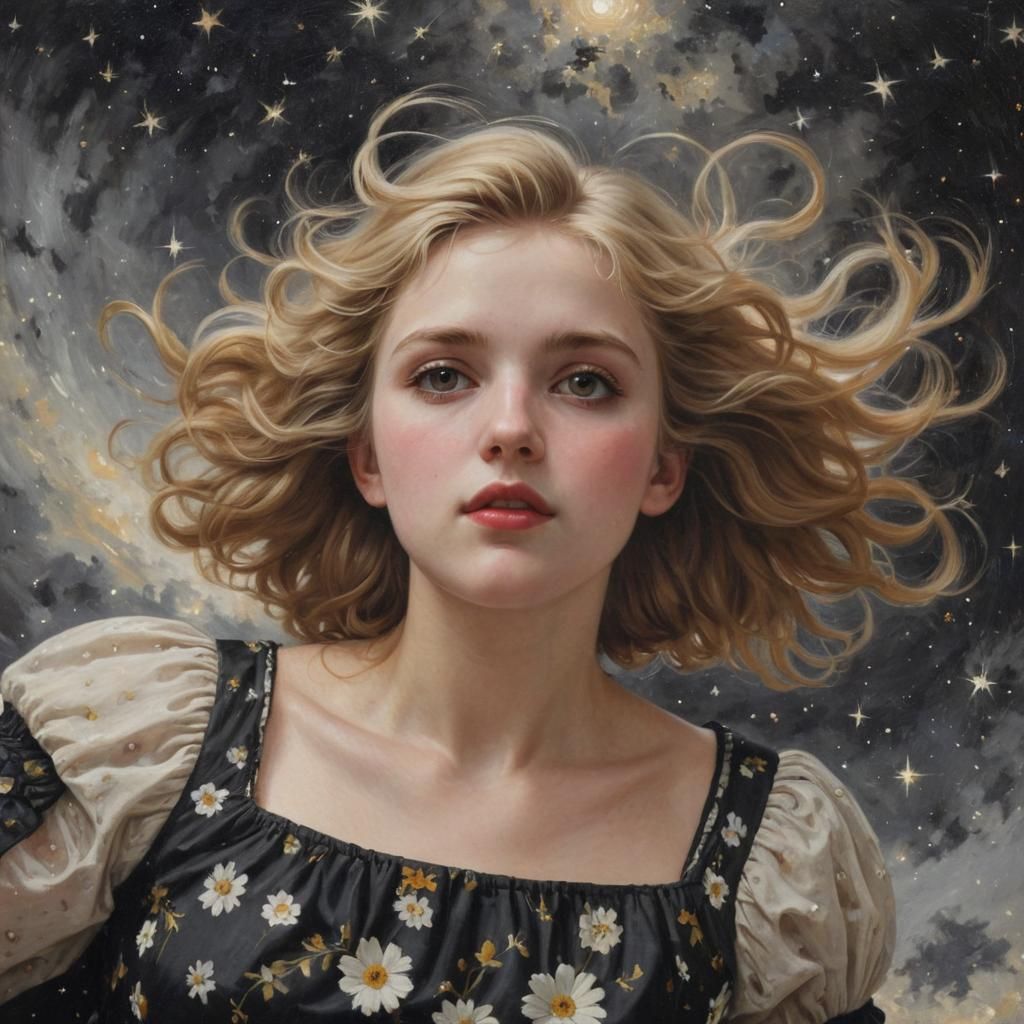 Girl on Starry Vortex in Oil Painting Style