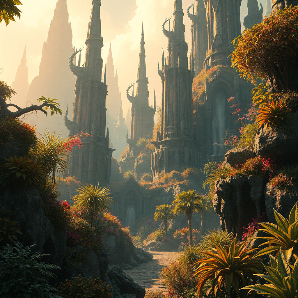 Dreamlike Realm of Ancient Spires in Matte Painting Style