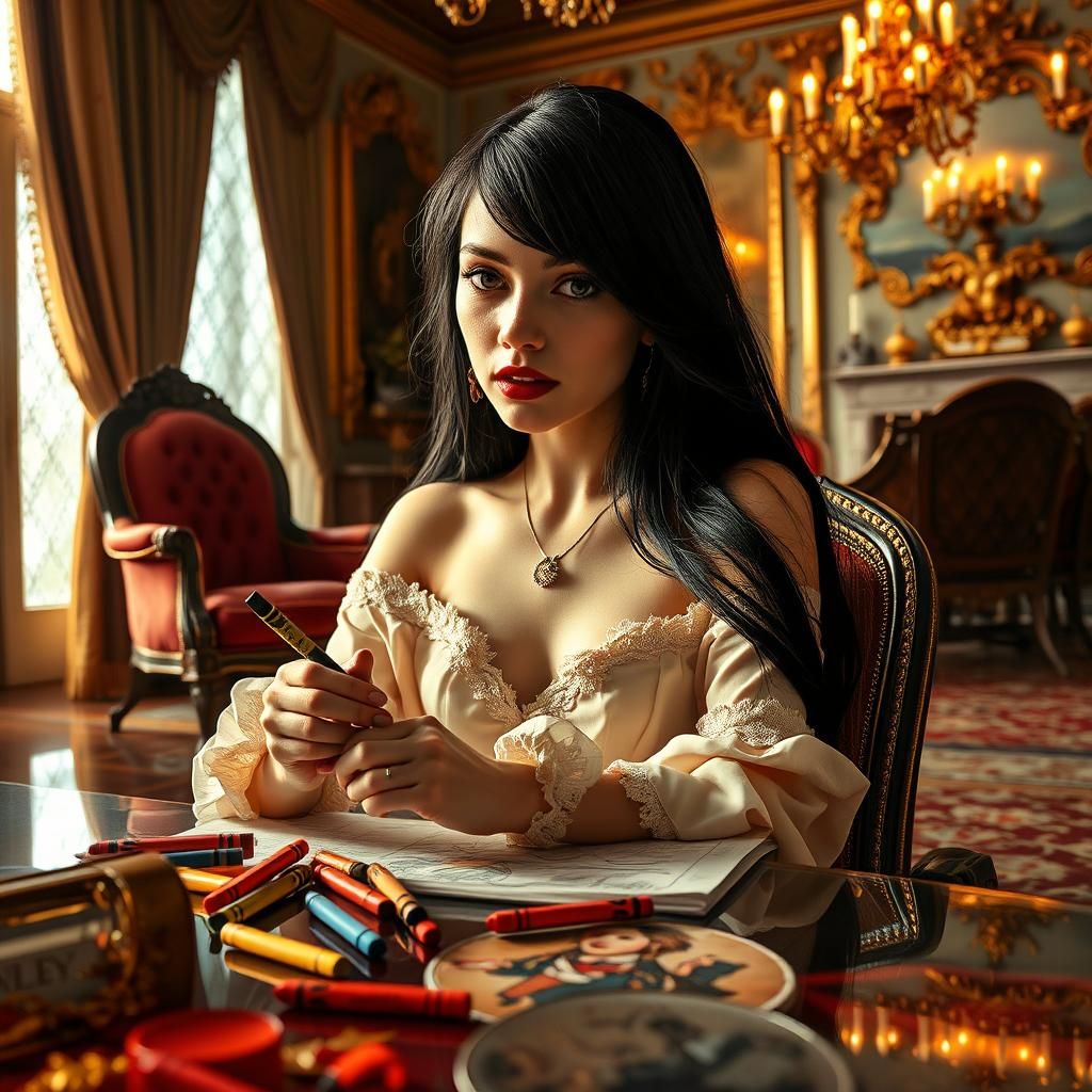 Pop Surrealist Woman Drawing in Lavish Room