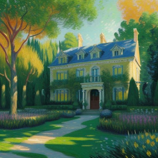 Glass Mansion in Garden: Neo-Impressionist Oil Painting