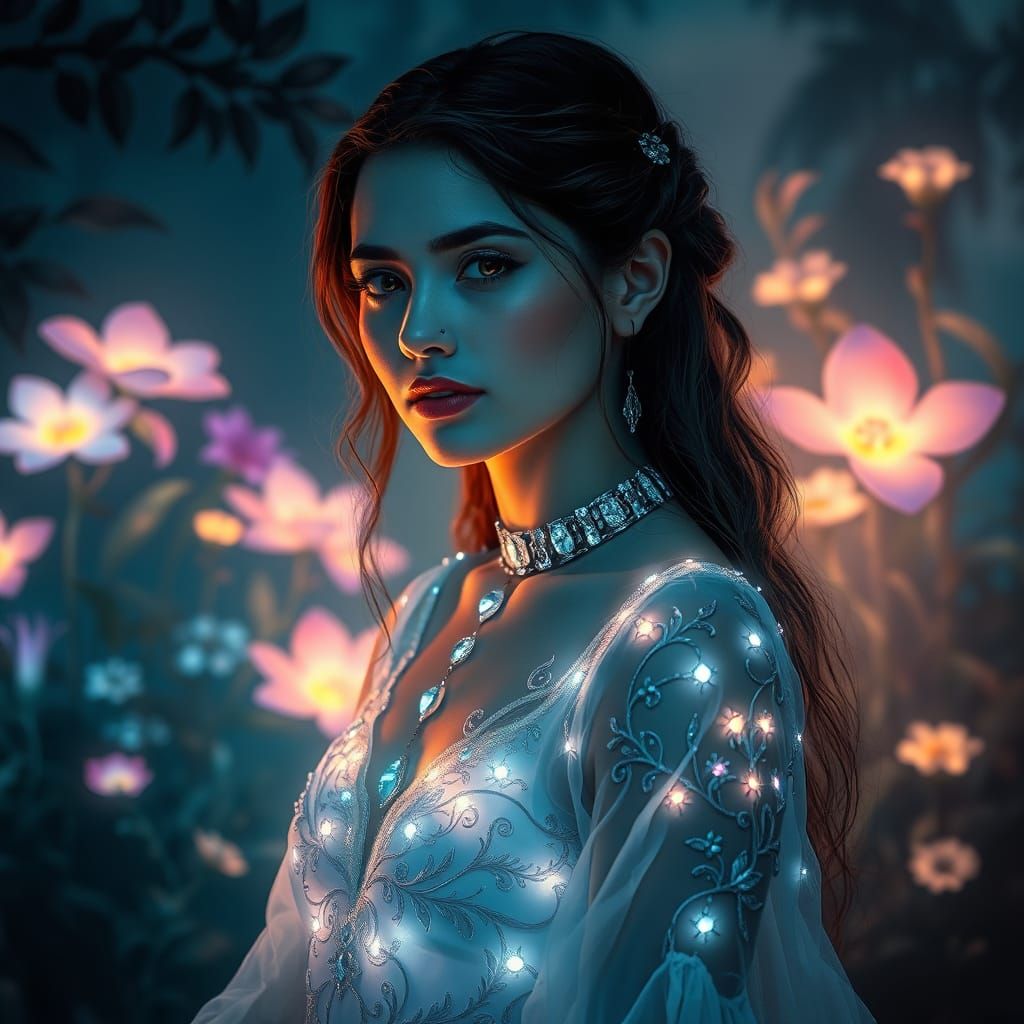 A young woman with glowing, phosphorescent skin stands grace...