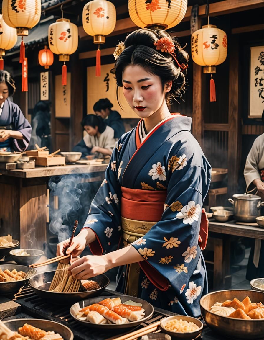 Geisha Cooking Street Food in Kyoto: Ukiyo-e Painting