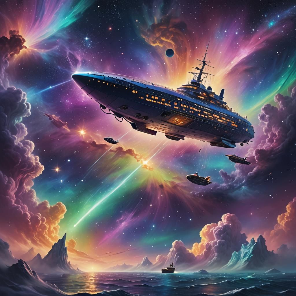 Whimsical Spaceship Sails Through Vibrant Starry Cosmos