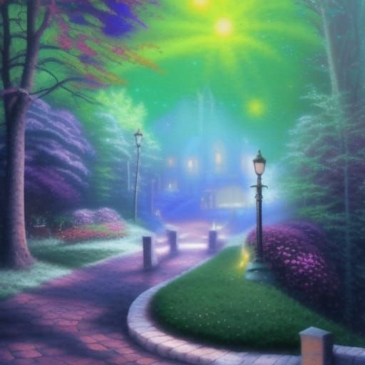 Ethereal Cobblestone Path Under Starry Night Sky