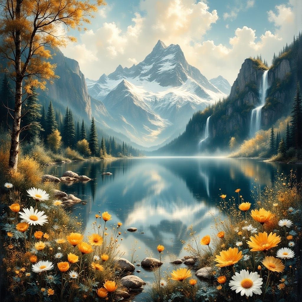 Ethereal Light Cascades on Majestic Snow-Capped Mountains