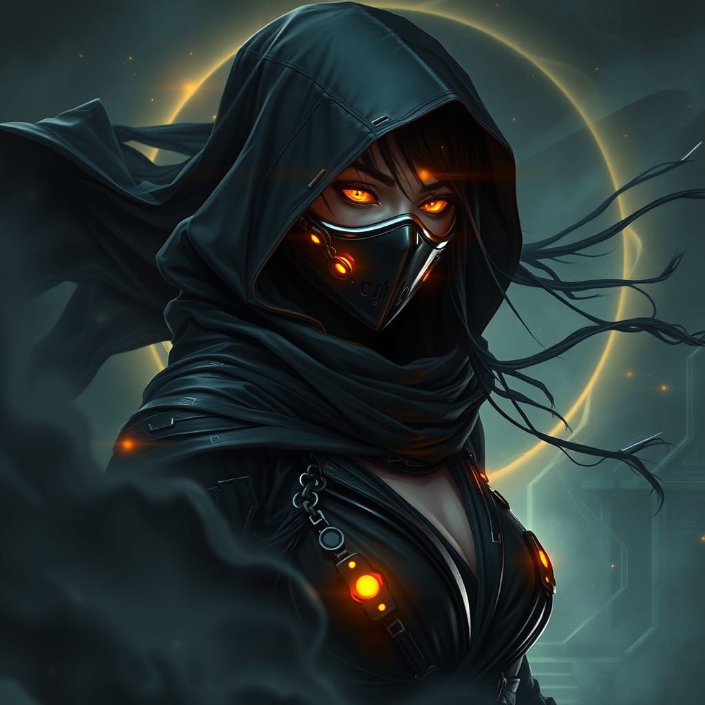 Cyber Ninja in Shadow with Golden Cybernetic Eyes