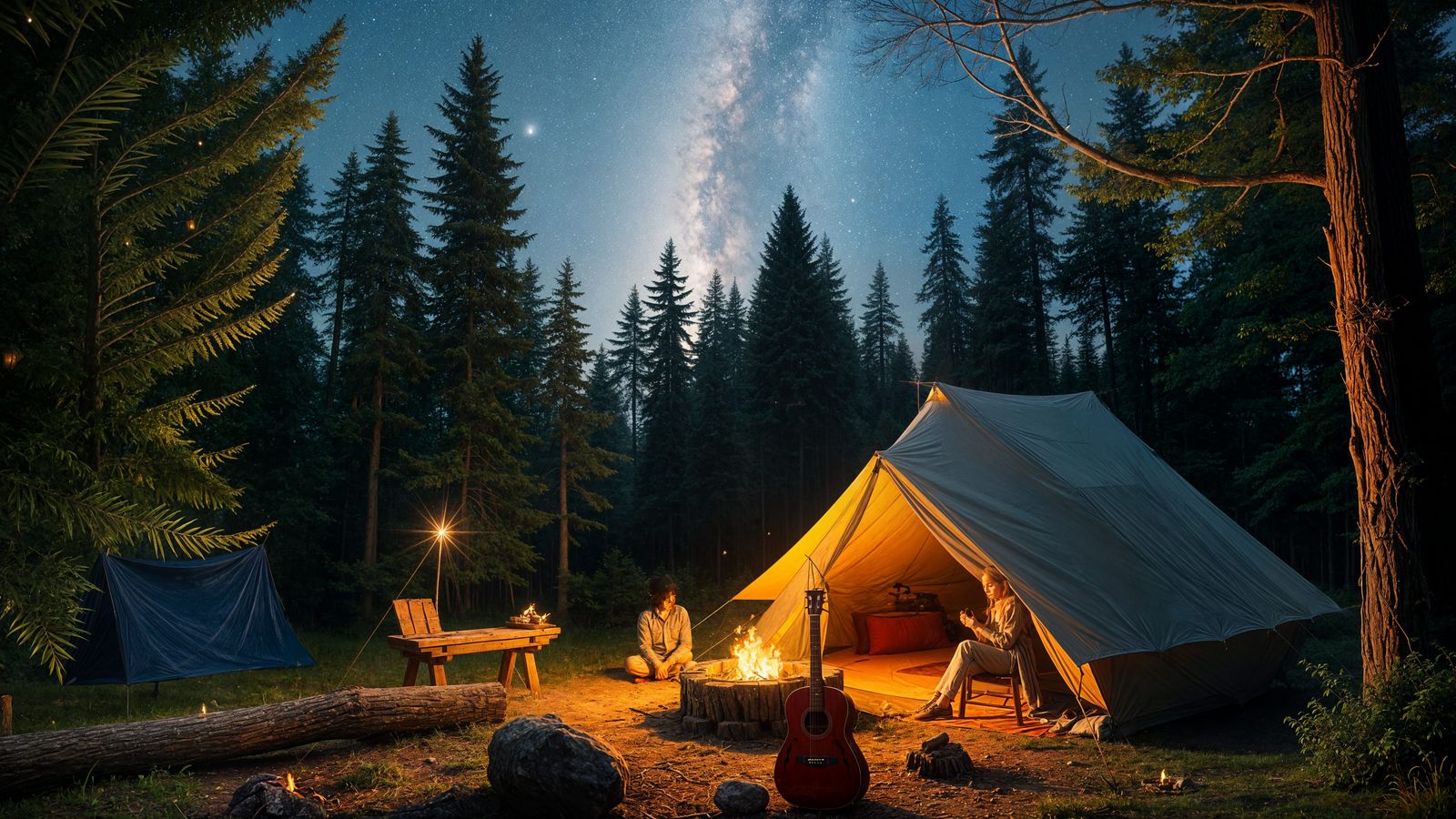 Cozy Campsite at Dusk with Campfire and Friends