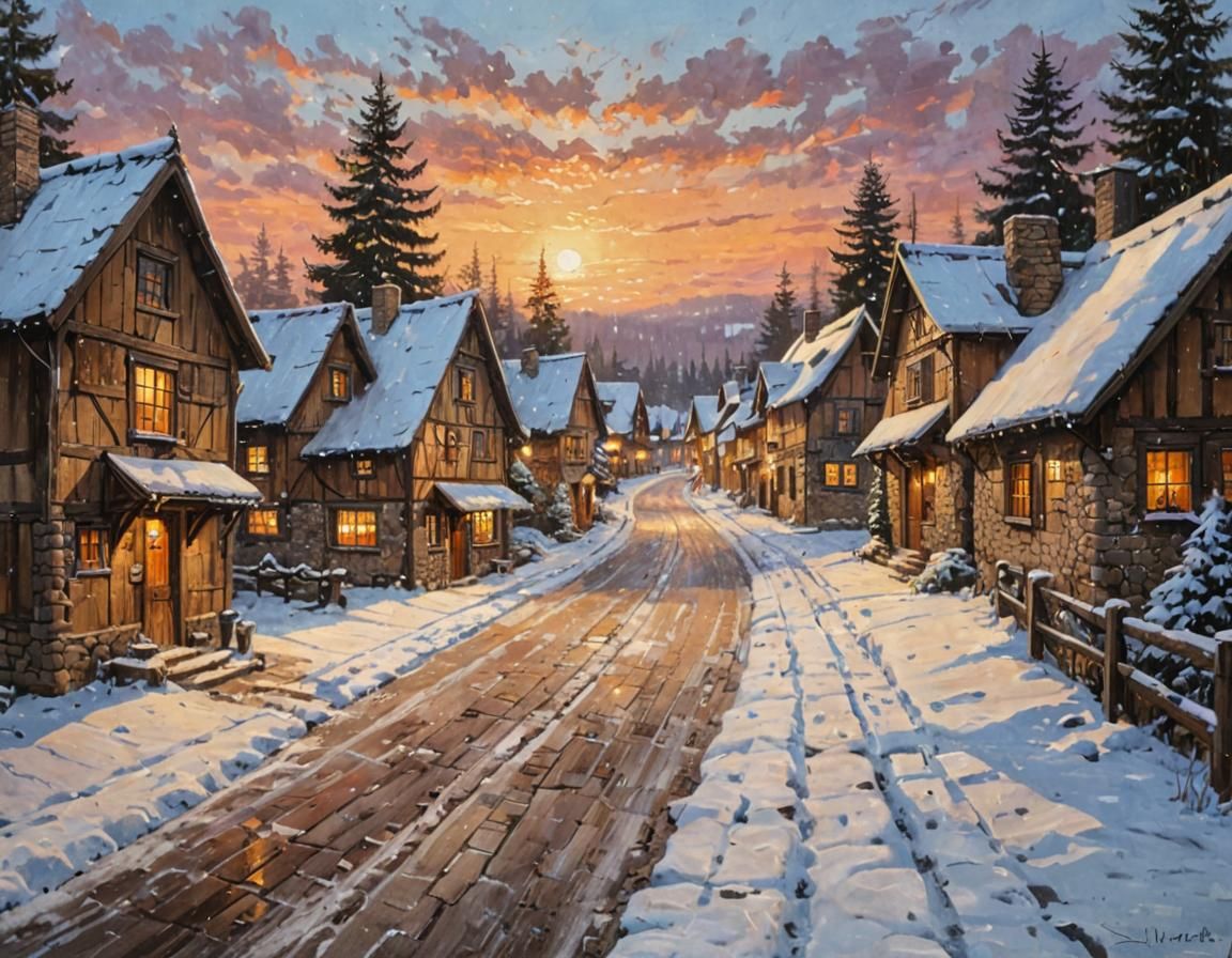 Winter Village Scene in Acrylic Painting Style