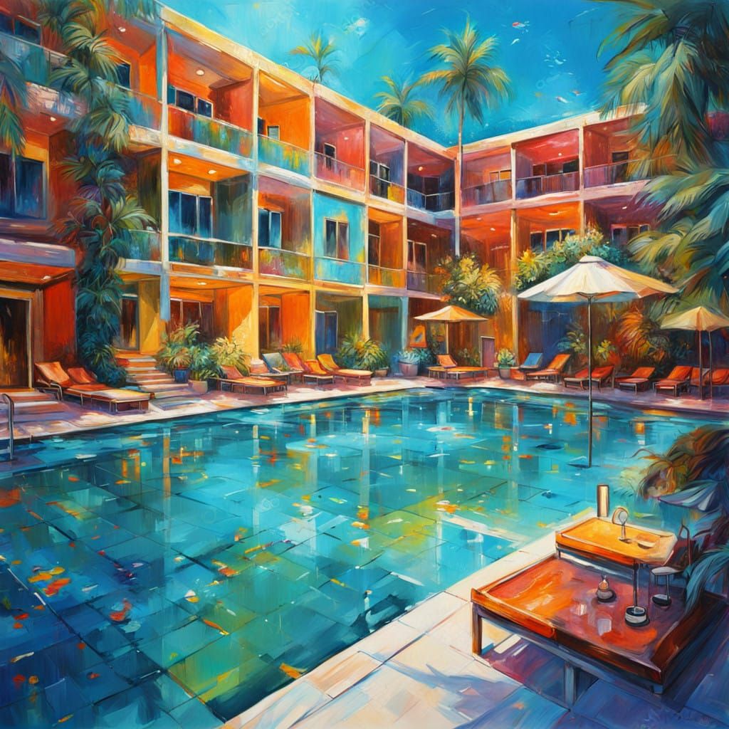 Whimsical Hotel Pool Scene in Scratchy Oil Painting Style