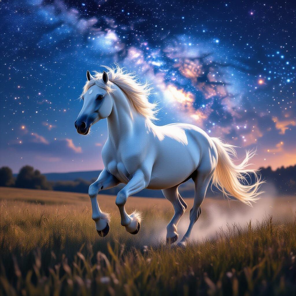 Majestic White Horse in Cosmic Meadow
