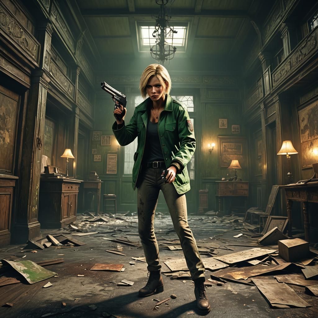 Girl Shooting Monster in Old Building