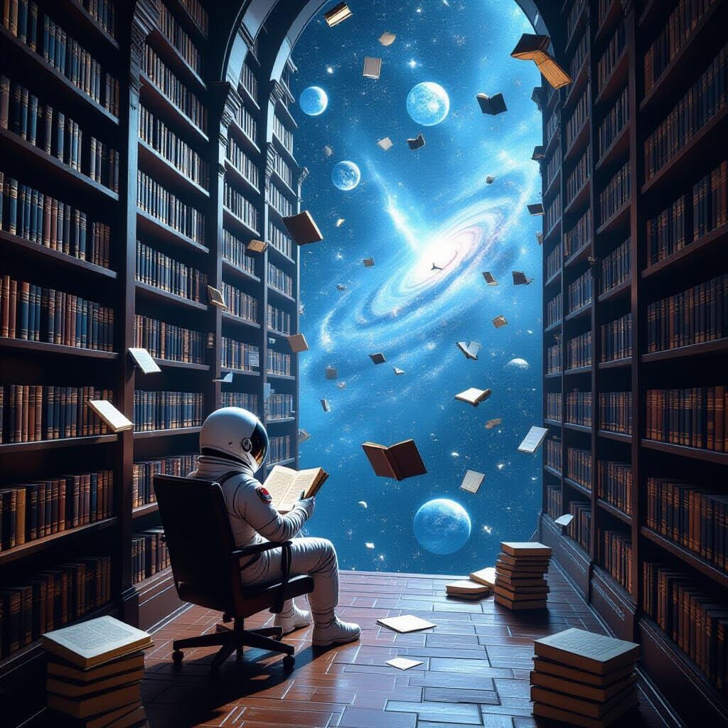 Celestial library where books float among the stars ...