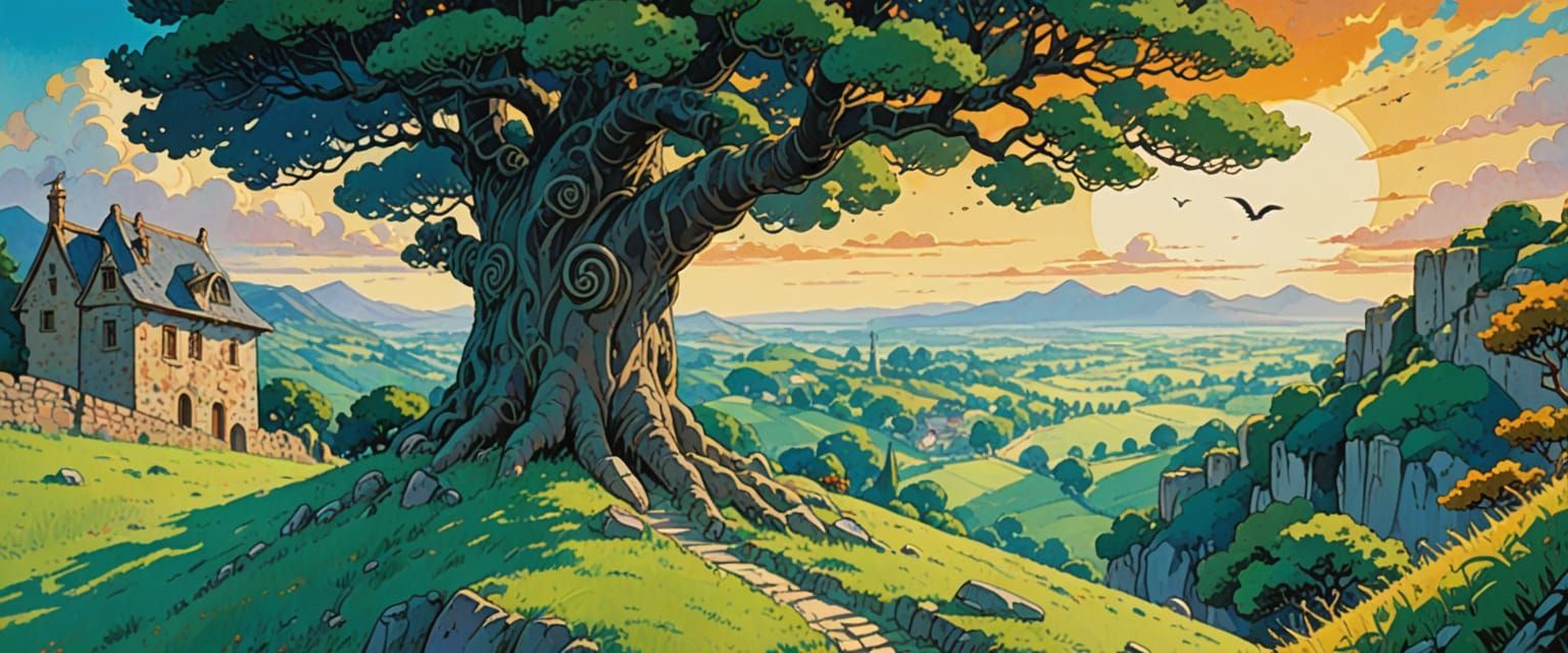 Runes Tree Scene in Comic Book Style Watercolor