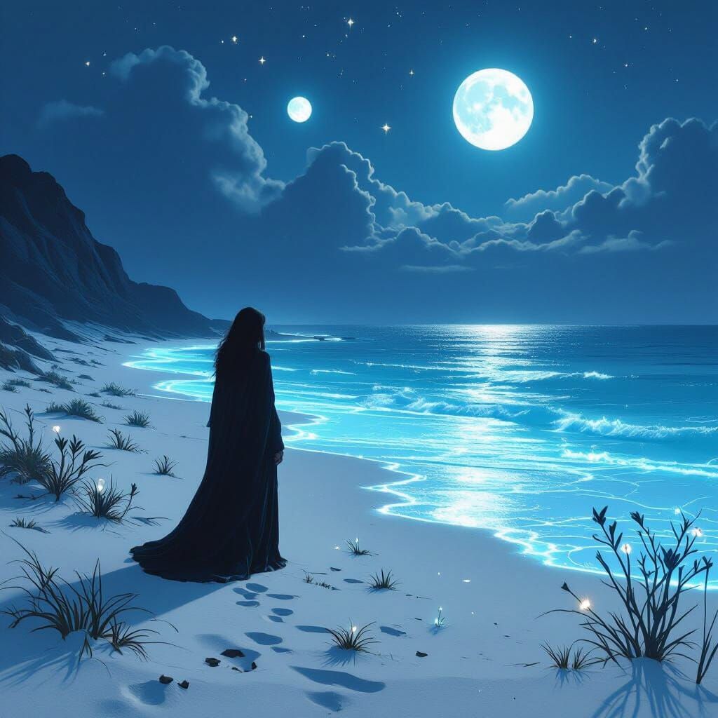 Solitary Woman on Bioluminescent Beach at Twilight
