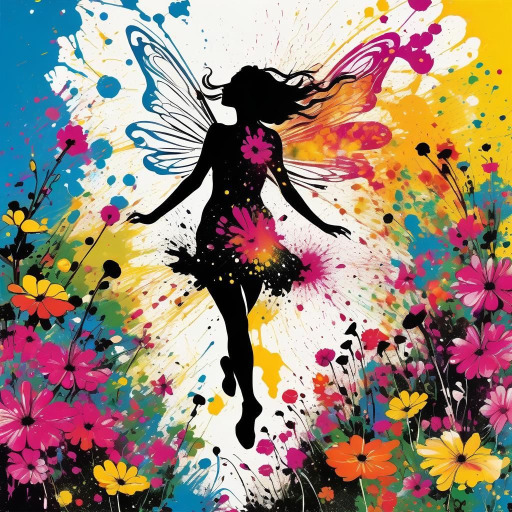 Winged Fairy Dances in Ink Splatter Flower Garden
