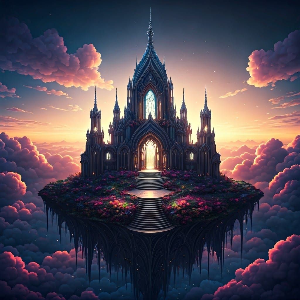 Ornate Crystal Palace Suspended in Iridescent Clouds