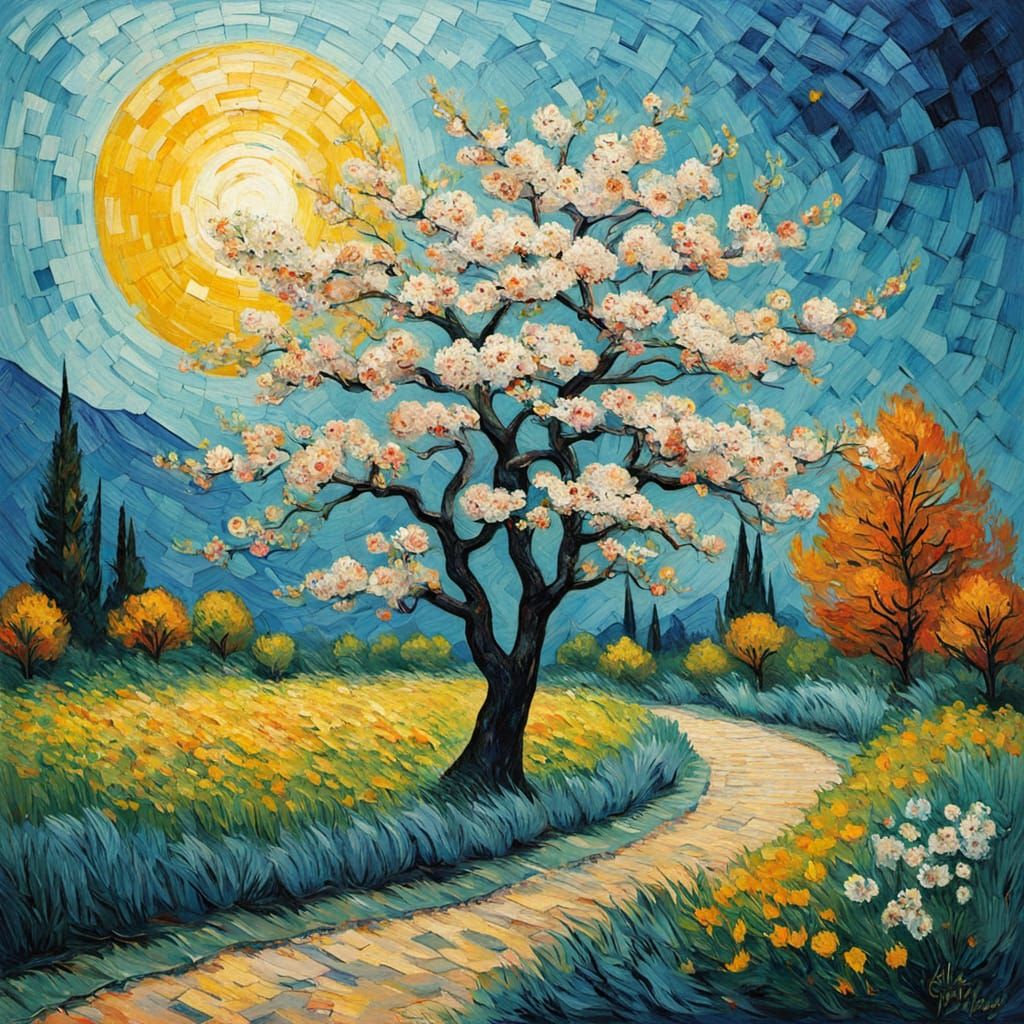 Blooming Cherry Tree in Serene Japanese Garden