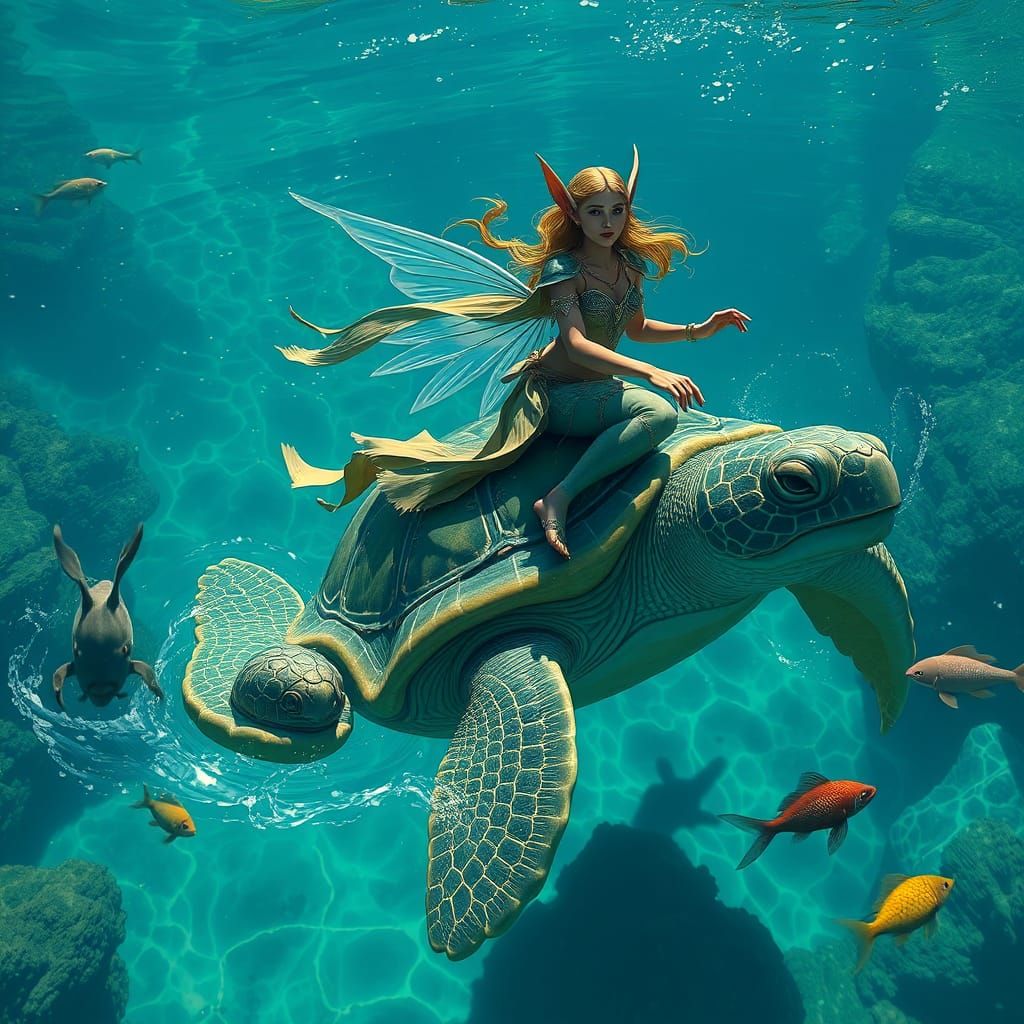 Elf Maiden Rides Turtle in Crystal Waters