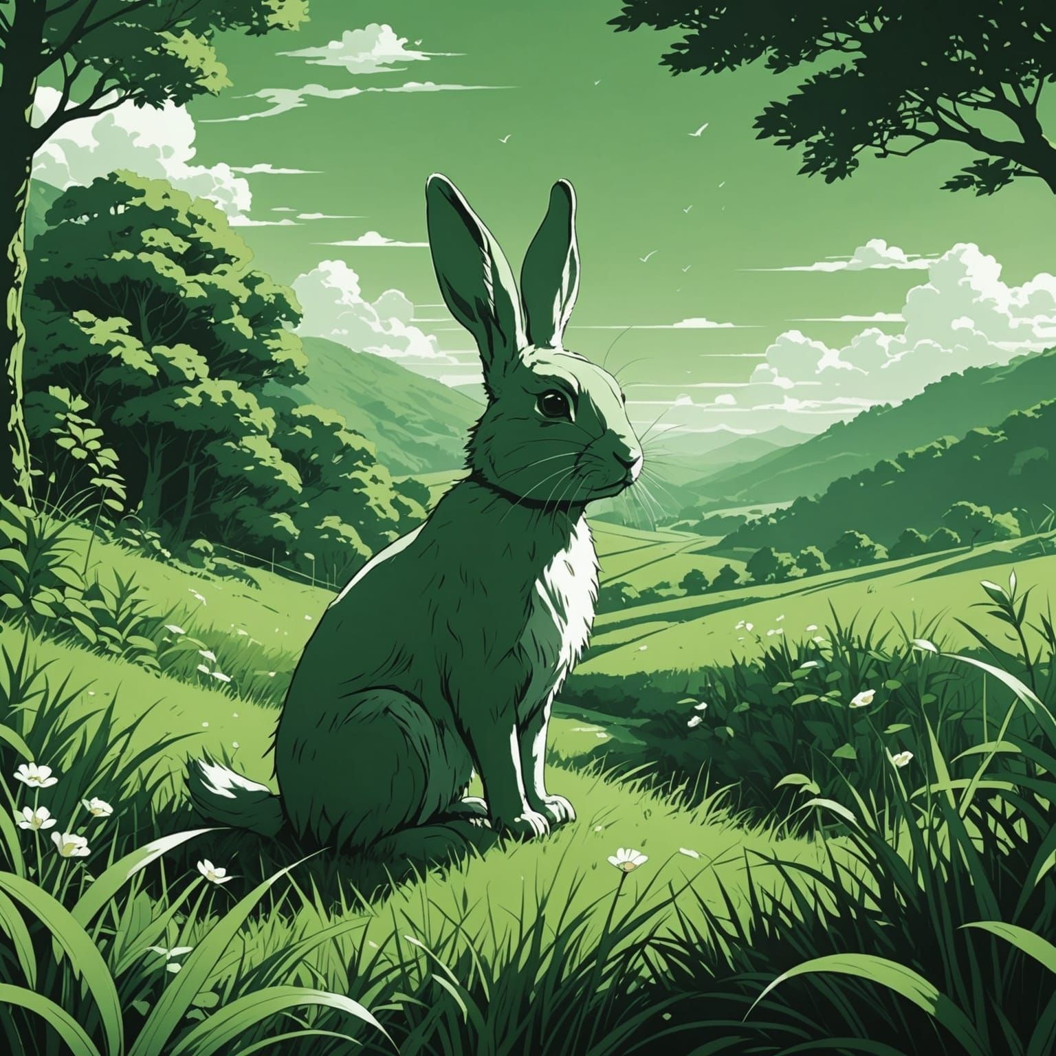 Anime Style Green Monochrome Rabbit in Nature