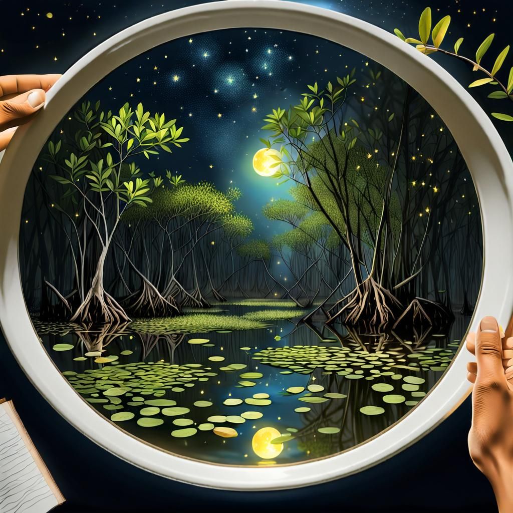 Nighttime Mangrove Swamp with Fireflies