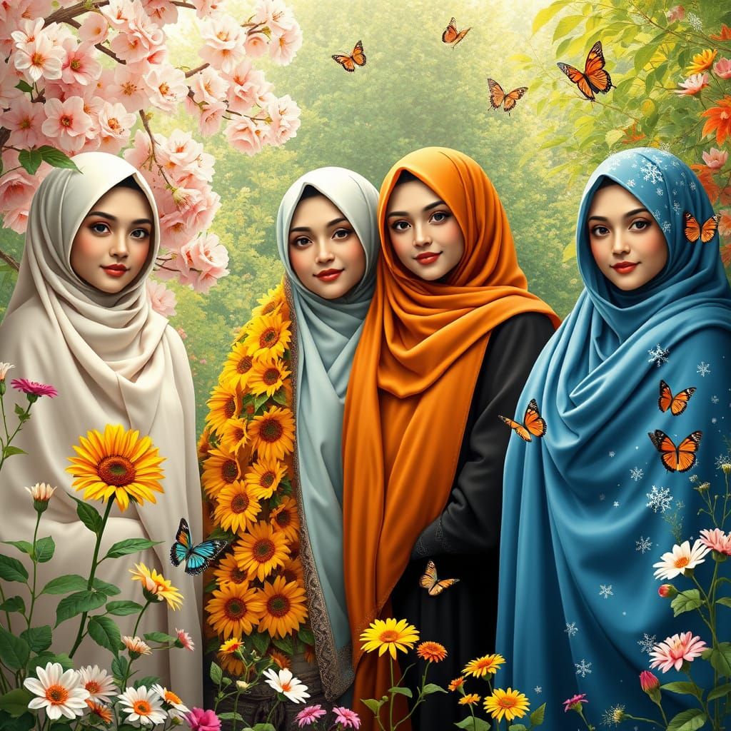 Four beautiful  hijab sisters posing together in a lush, vibrant garden.