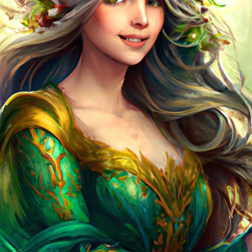 Princess in Flowery Green Wedding Dress: Art Nouveau Portrai...