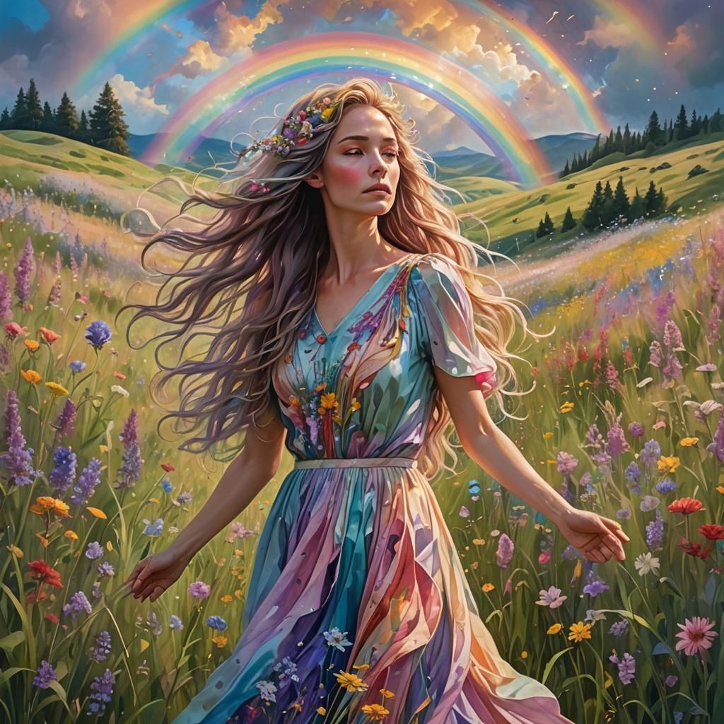 Woman in Unicorn Dress in Magical Meadow