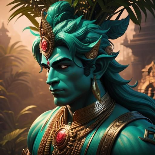 Lord Hanuman Portrait in Jungle, Hindu Mythology Art