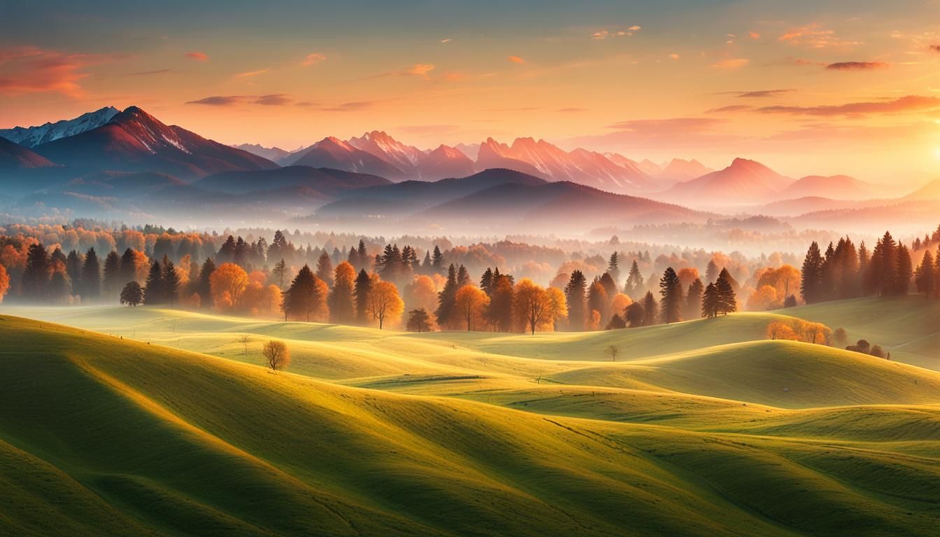 Sunrise Panorama: Tree-Lined Hills and Mountains