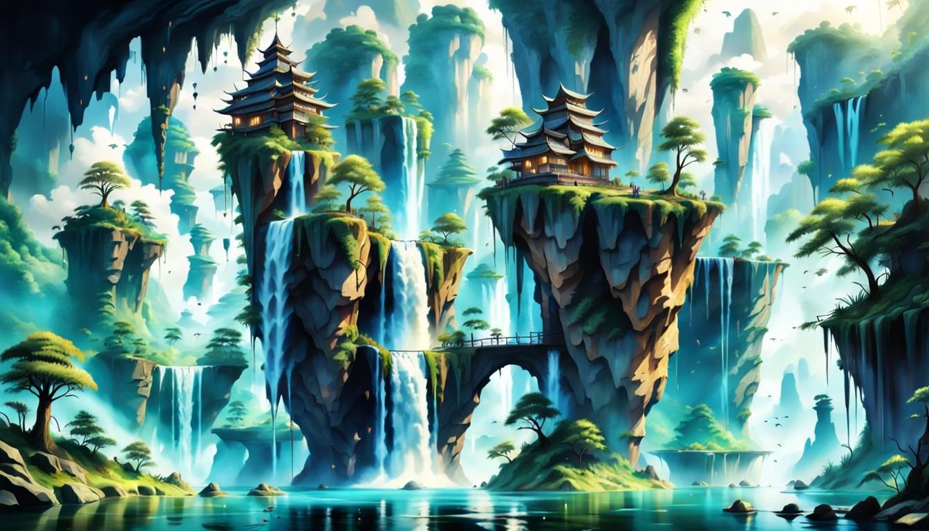 Mystical Landscape with Floating Islands in Avatar Style