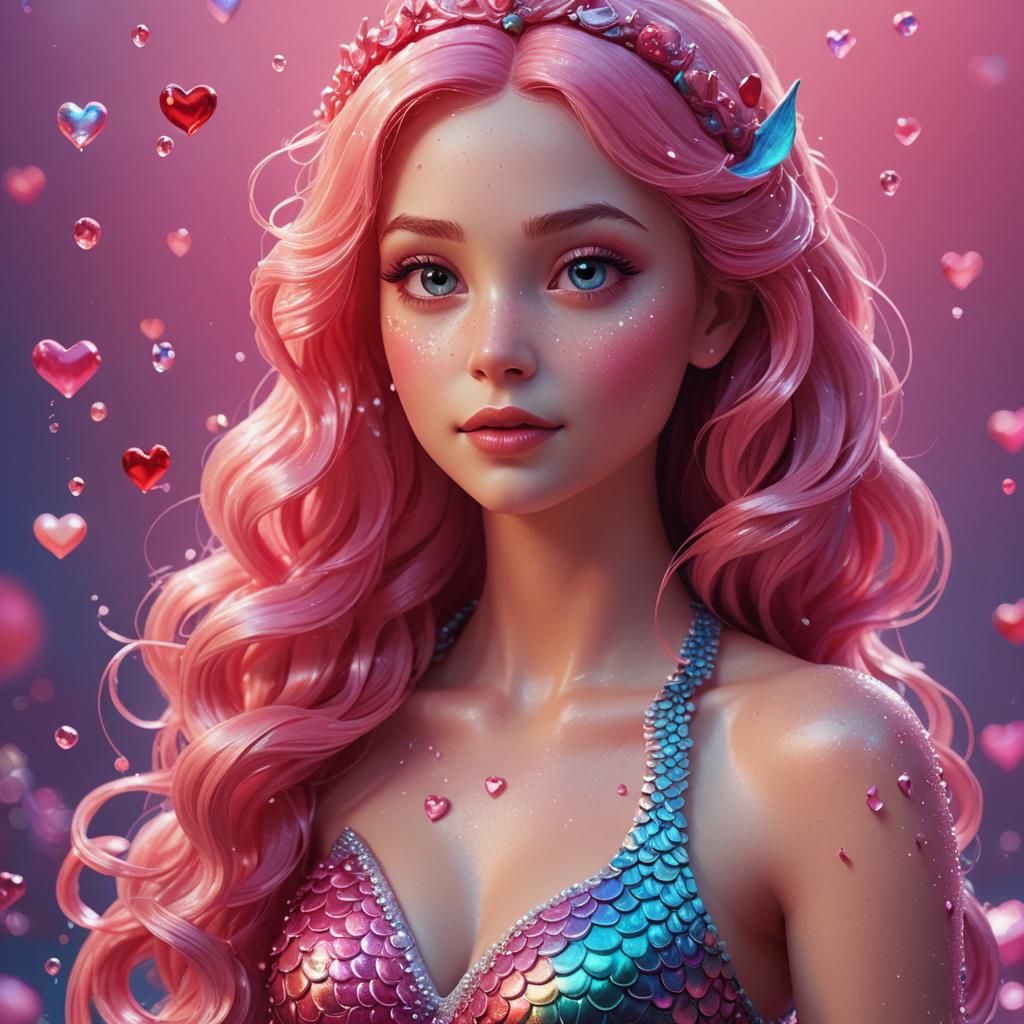 Valentine Mermaid with Heart in Pixar Style