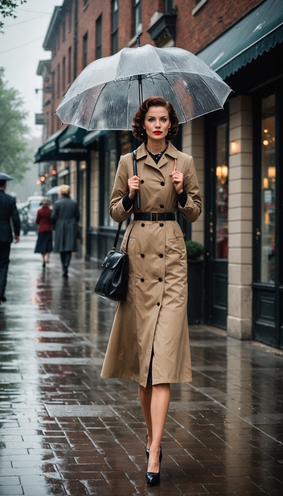 Tradwife in 1950s Style Walking in the Rain