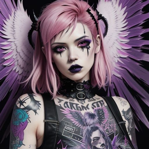 Fallen Angel with Tattoos in Pastel Goth Style