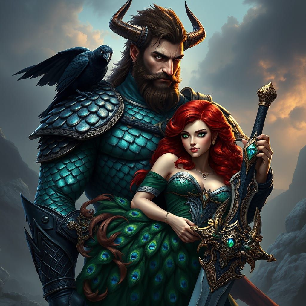 Majestic Horned Warrior with Dragon Scale Armor and Mysterio...