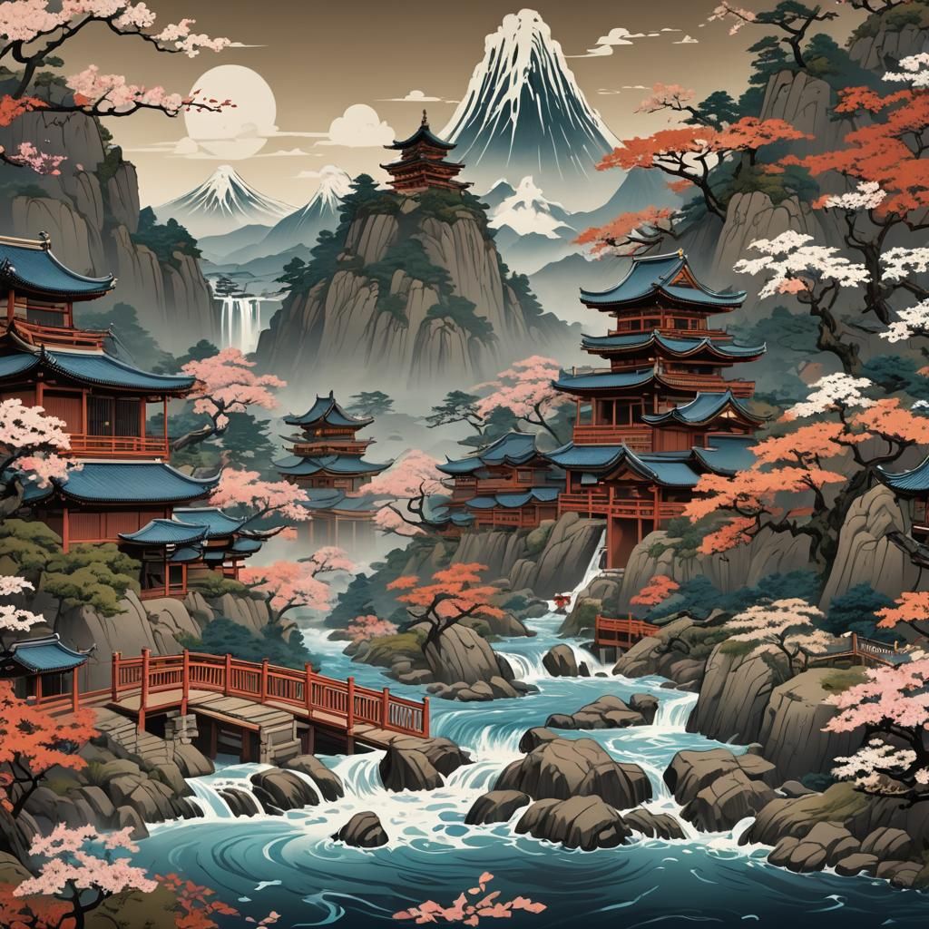 Detailed Ukiyo-e Matte Painting in Deep Color