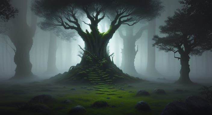 Ancient Rune-Covered Stone in Misty Field