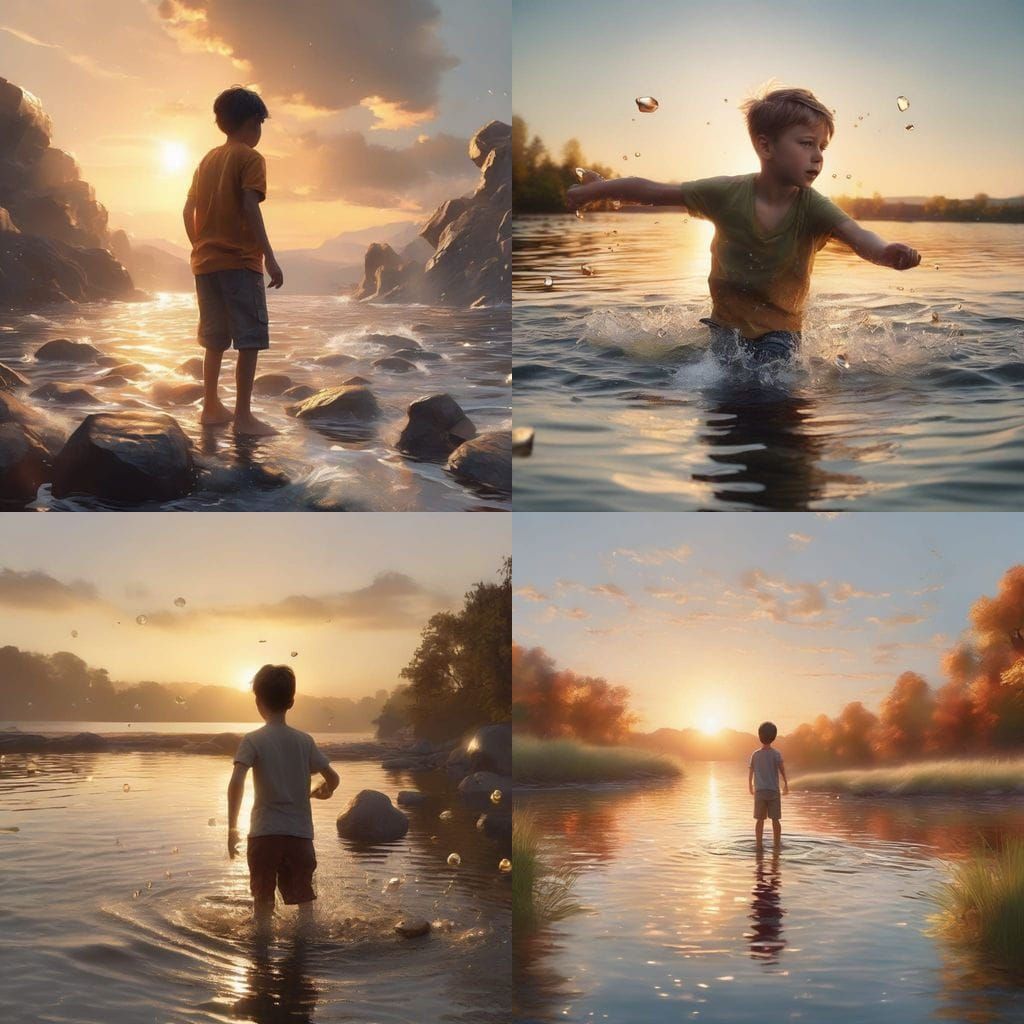 Boy Skipping Stones Across Calm Water