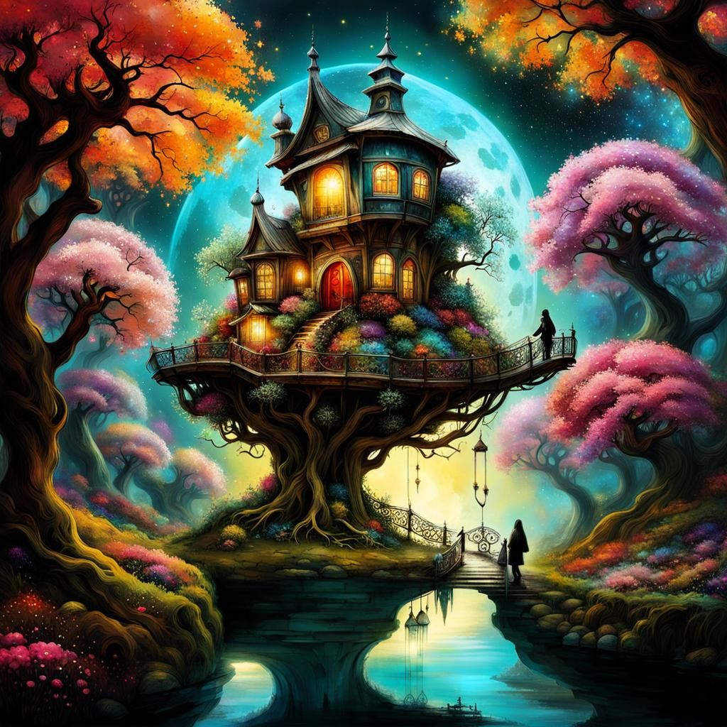 Fantasycore Houses in Flowering Yggdrasil: Surreal Image