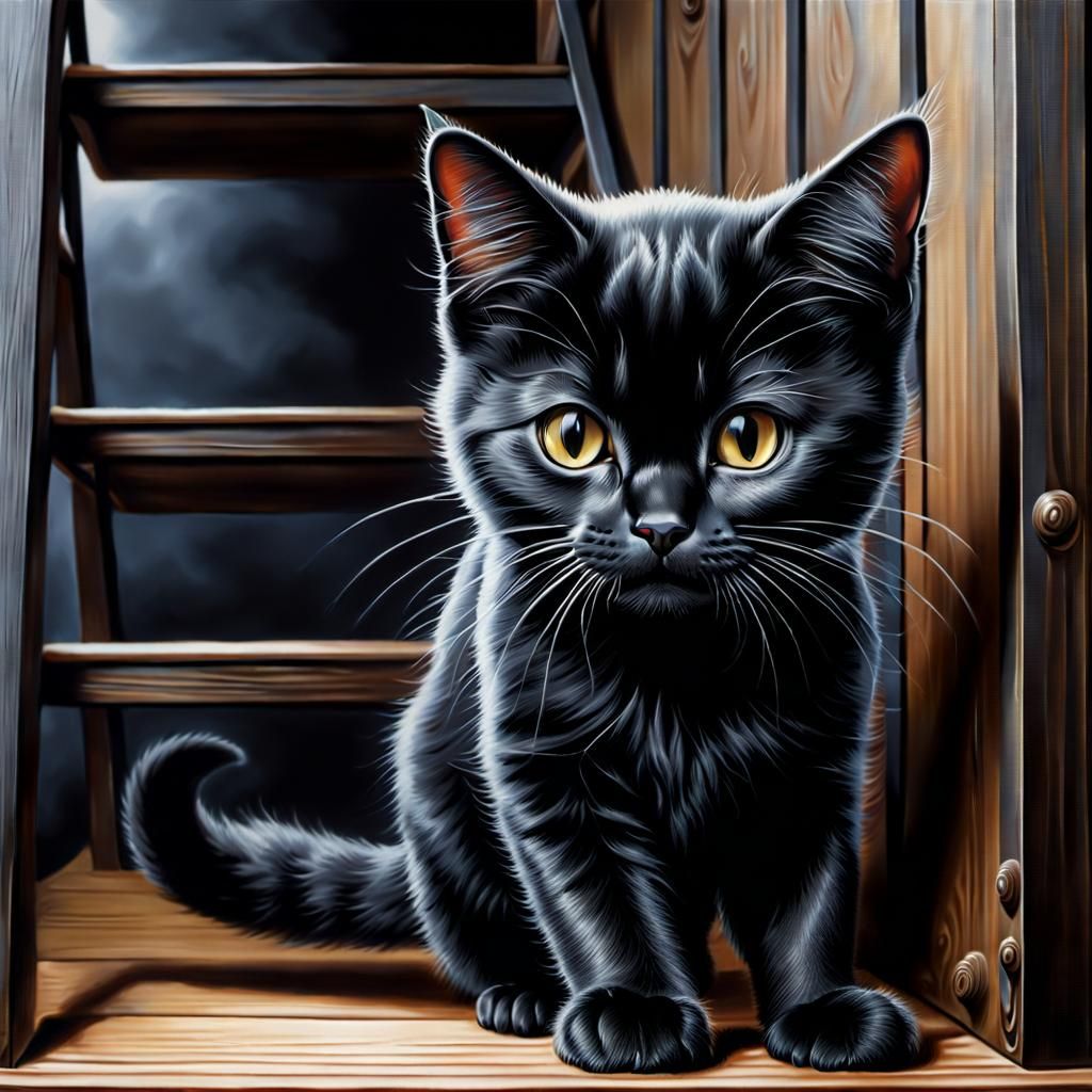 Black Cat Walking Under Ladder in Airbrush Style